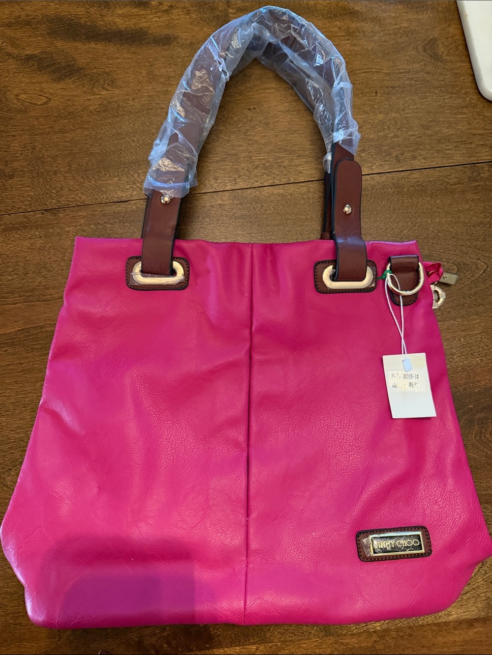 Jimmy Choo Hot Pink Tote with Brown Handles